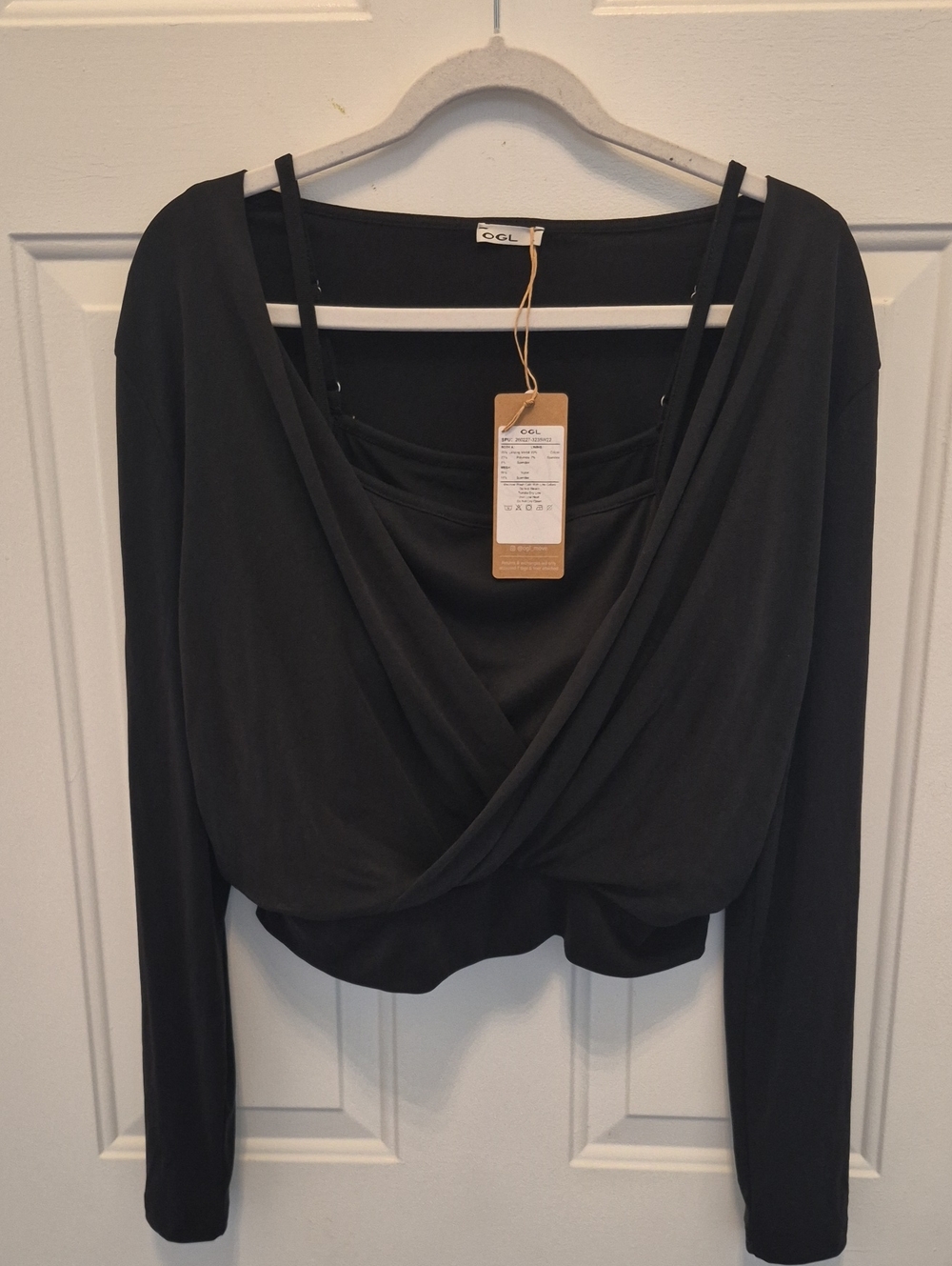 OGL Black Draped Wrap-Front Long Sleeve Top With Built In Bra Padding